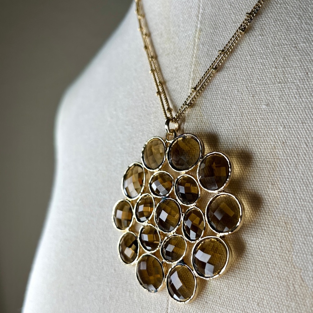 Anthropologie Brown Gold Stone Cluster Necklace Retro 70s Chain Circle Pendant - Picture 4 of 14